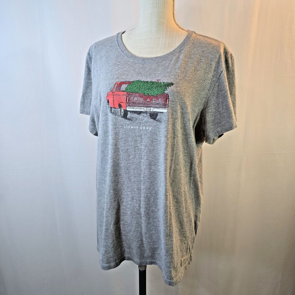 Women's Life is Good Peace Truck Christmas Tree Sz XXL Heather Grey Crusher Tee